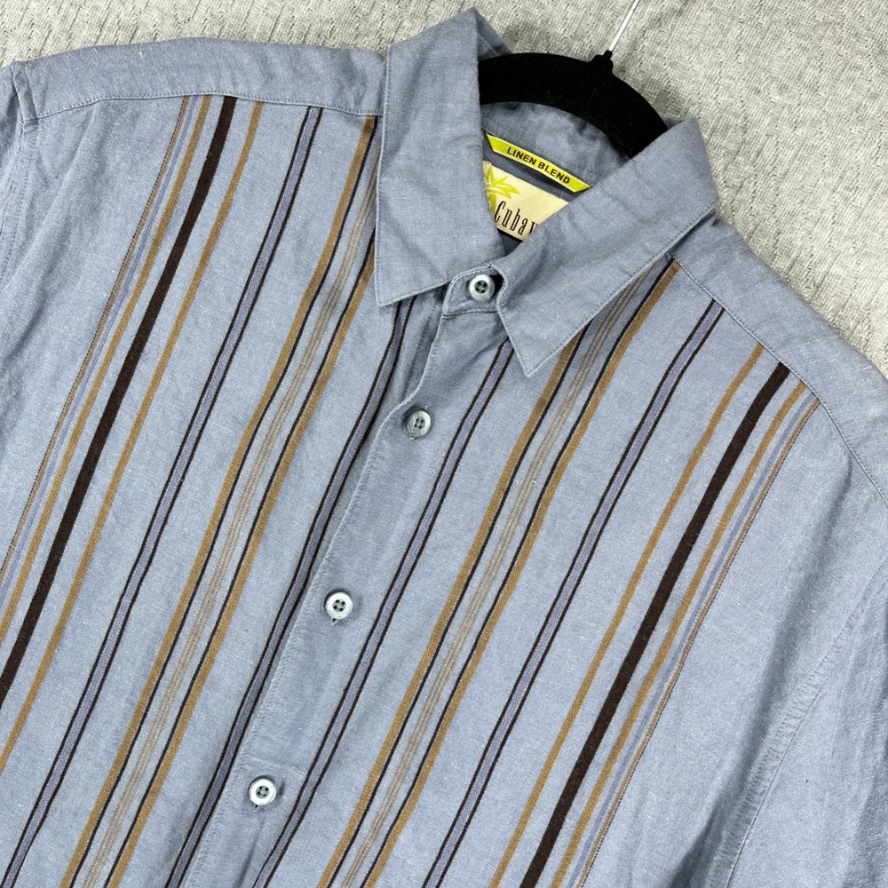 Cubavera‎ Button Down Mens Medium Blue Linen Blend Striped Short Sleeve Shirt